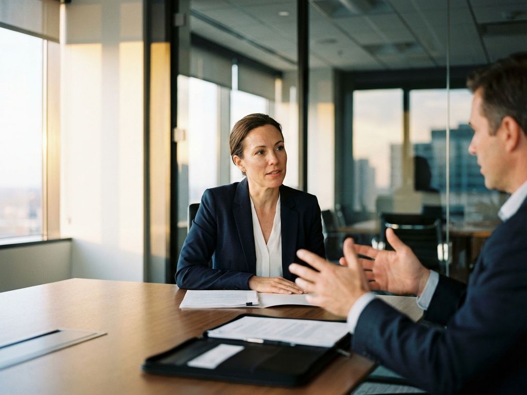 Professionelle Frau im Vorstellungsgespräch mit Personalmanager am Konferenztisch in modernem Büro