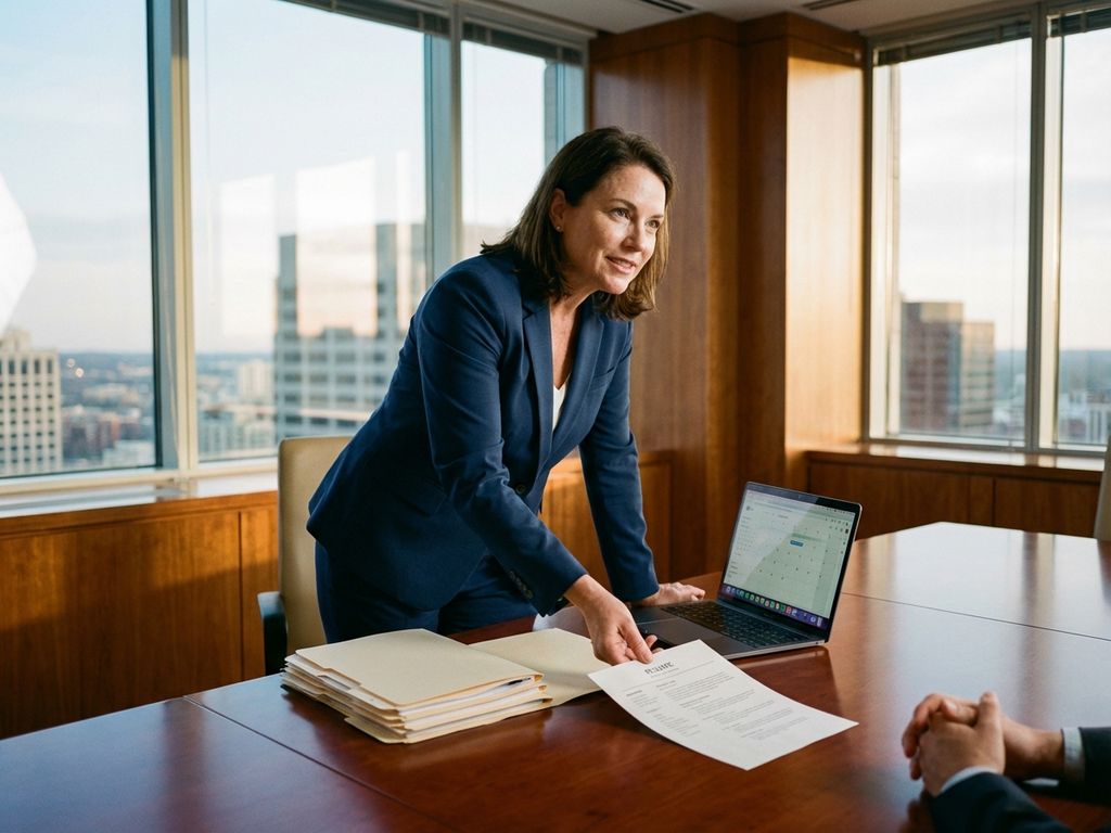 Professionelle Frau in Businessanzug führt Interview, gestikuliert über Lebenslauf am Konferenztisch mit Laptop