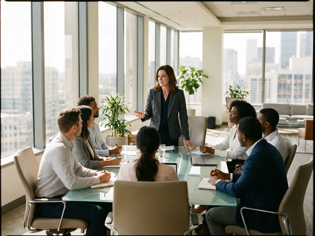 Selbstbewusste Geschäftsfrau leitet Meeting mit diversem Team in modernem Büro mit Stadtblick