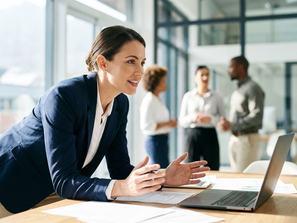 Professionelle Geschäftsfrau bespricht Strategiedokumente mit Kollegen in modernem Büro mit natürlichem Licht