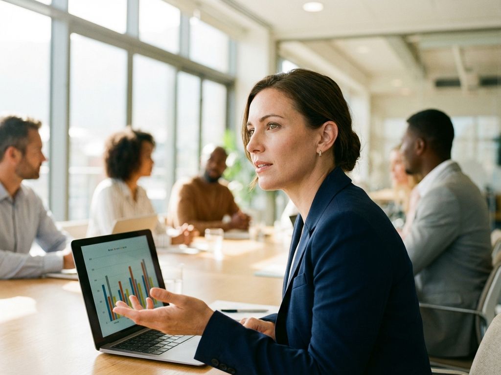 Selbstbewusste Geschäftsfrau präsentiert Diagramme am Laptop während Teambesprechung im modernen Büro