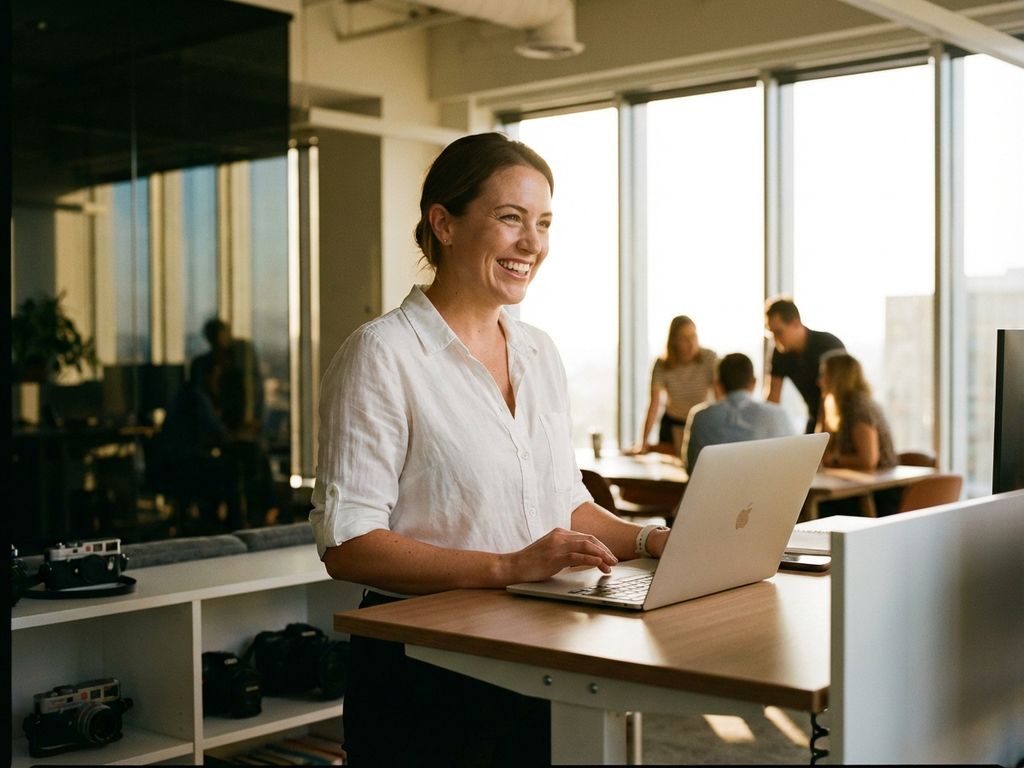Professionelle Frau arbeitet konzentriert am Stehpult mit Laptop im modernen Büro bei natürlichem Sonnenlicht