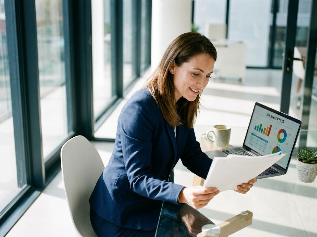 Professionelle Frau analysiert HR-Daten am Laptop in modernem Büro mit natürlichem Licht
