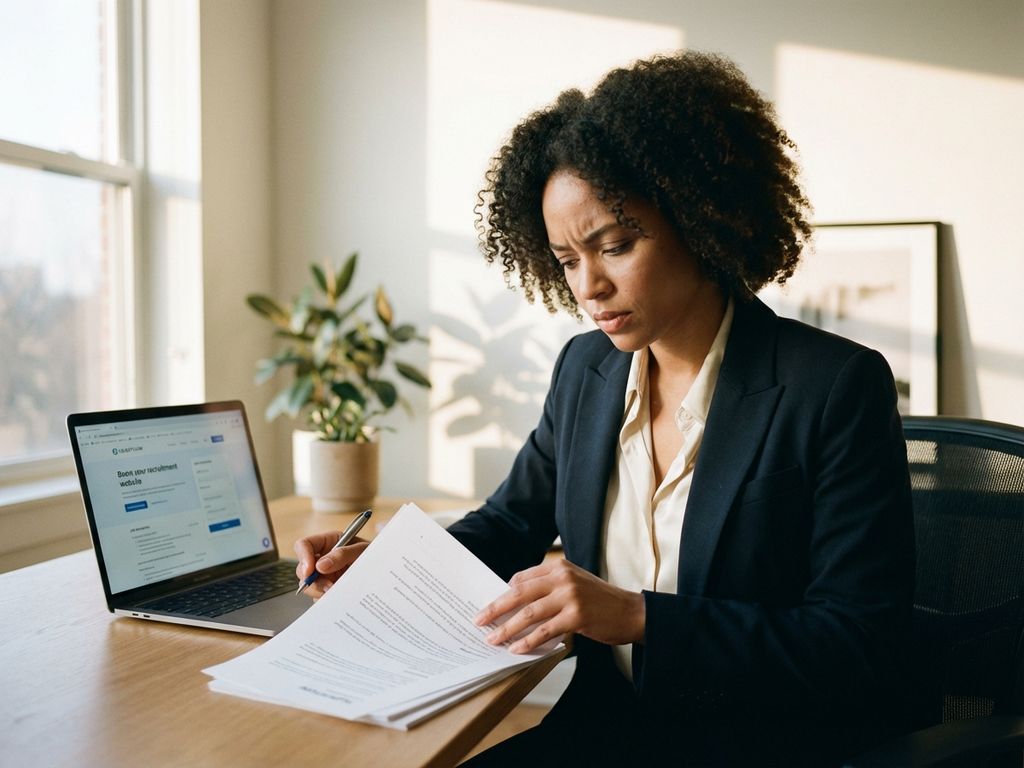 job-beschreibung-businessfrau-buero-arbeitsplatz.jpg Geschäftsfrau überprüft Stellenausschreibungen am Büroschreibtisch mit Laptop und Dokumenten bei natürlichem Licht