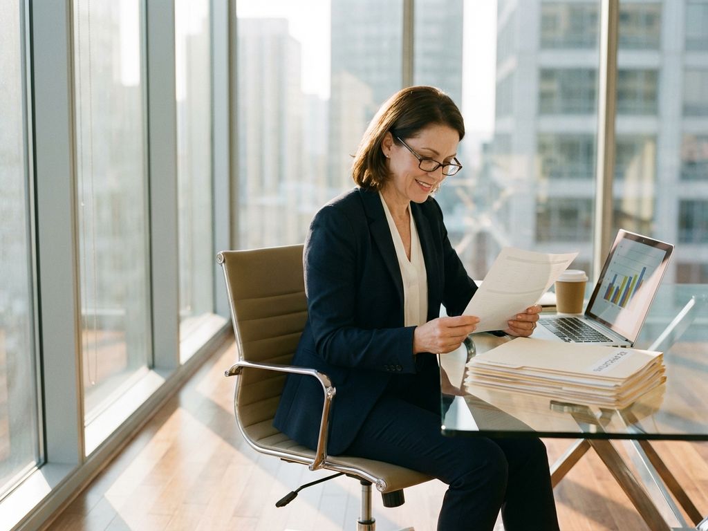 Professionelle Frau im Blazer prüft Dokumente am Schreibtisch mit Laptop und Bewerbungsunterlagen im hellen Büro