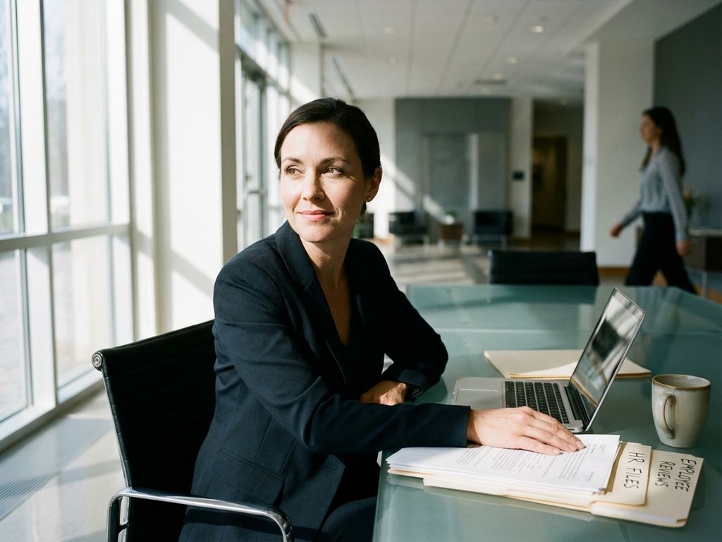 hr-managerin-geschaeftsfrau-buero-dokumente.jpg Professionelle Geschäftsfrau prüft Dokumente am Konferenztisch mit Laptop und HR-Akten im modernen Büro