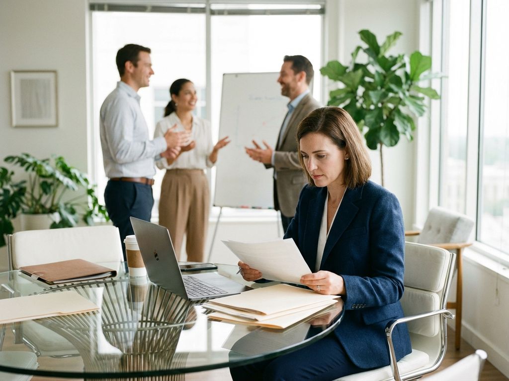 businesswoman-konferenz-buero-meeting-professionell.jpg Geschäftsfrau in marineblauen Blazer prüft Dokumente am Konferenztisch mit Laptop und Ordnern im modernen Büro