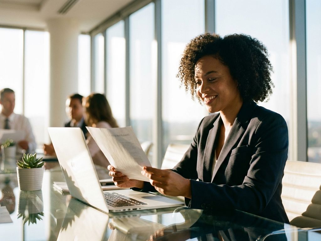 professionelle-frau-konferenz-buero-meeting.jpg Selbstbewusste Geschäftsfrau im Blazer lächelt beim Dokumentenstudium am Konferenztisch mit Laptop und Pflanze