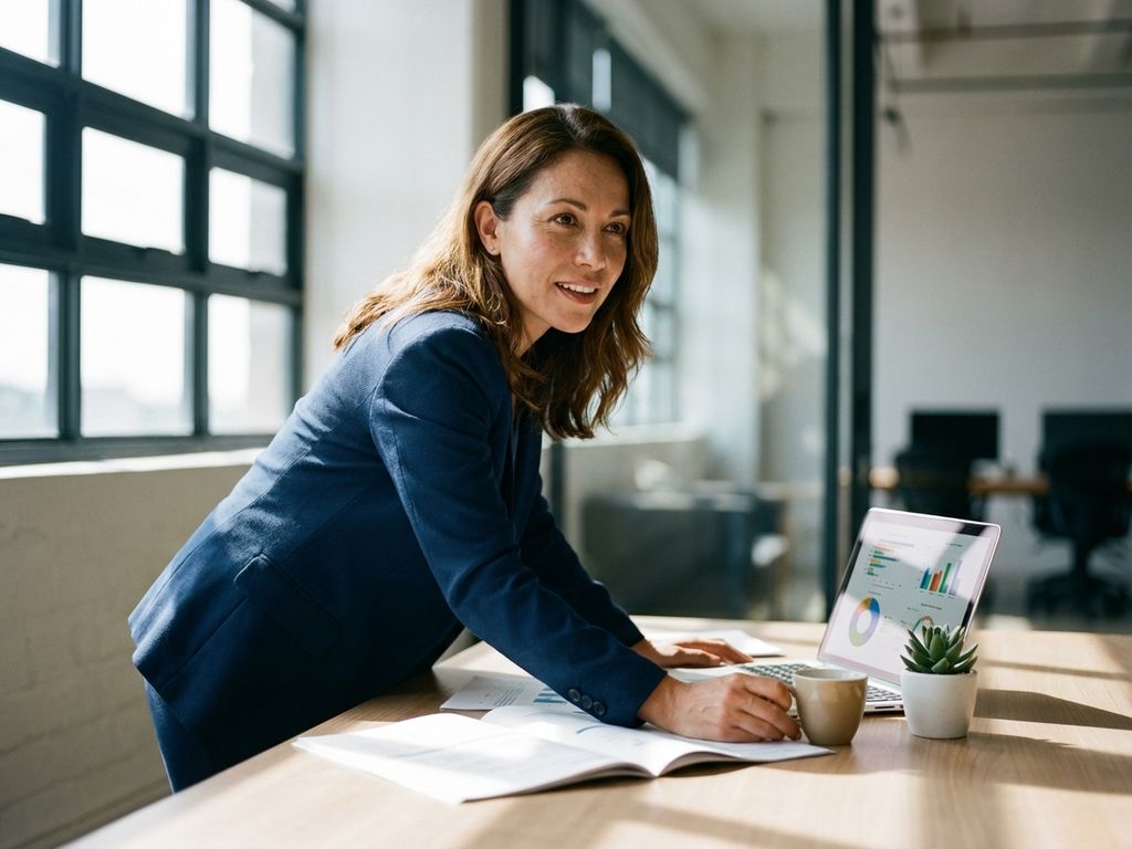 professionelle-frau-buero-arbeitsplatz-charts.jpg Professionelle Frau im Blazer prüft Dokumente am Büroschreibtisch mit Laptop, Diagrammen und Kaffeetasse