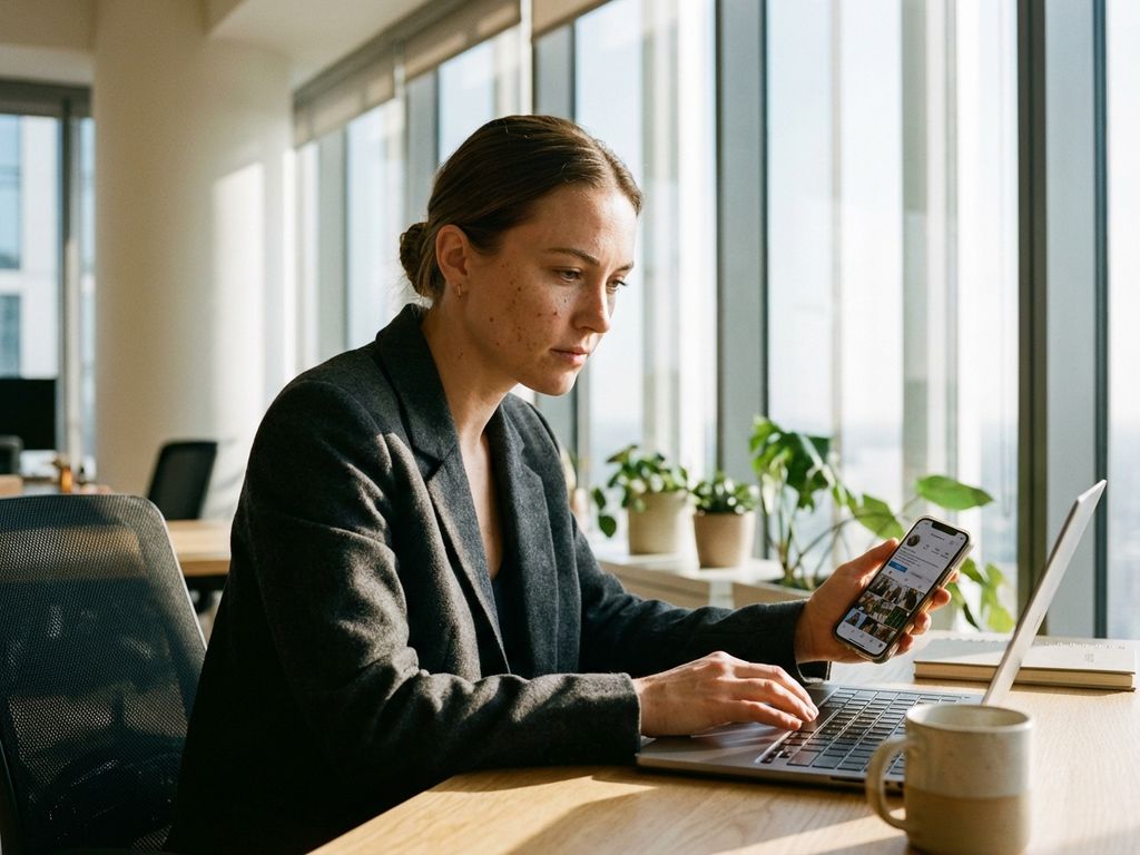 Professionelle Geschäftsfrau arbeitet am Laptop und Smartphone in modernem Büro mit natürlichem Licht