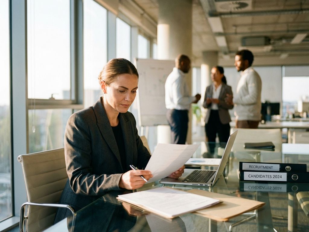 professional-recruiterin-buero-meeting-beratung.jpg Professionelle Frau prüft Dokumente am Konferenztisch mit Laptop und Bewerbungsunterlagen im modernen Büro