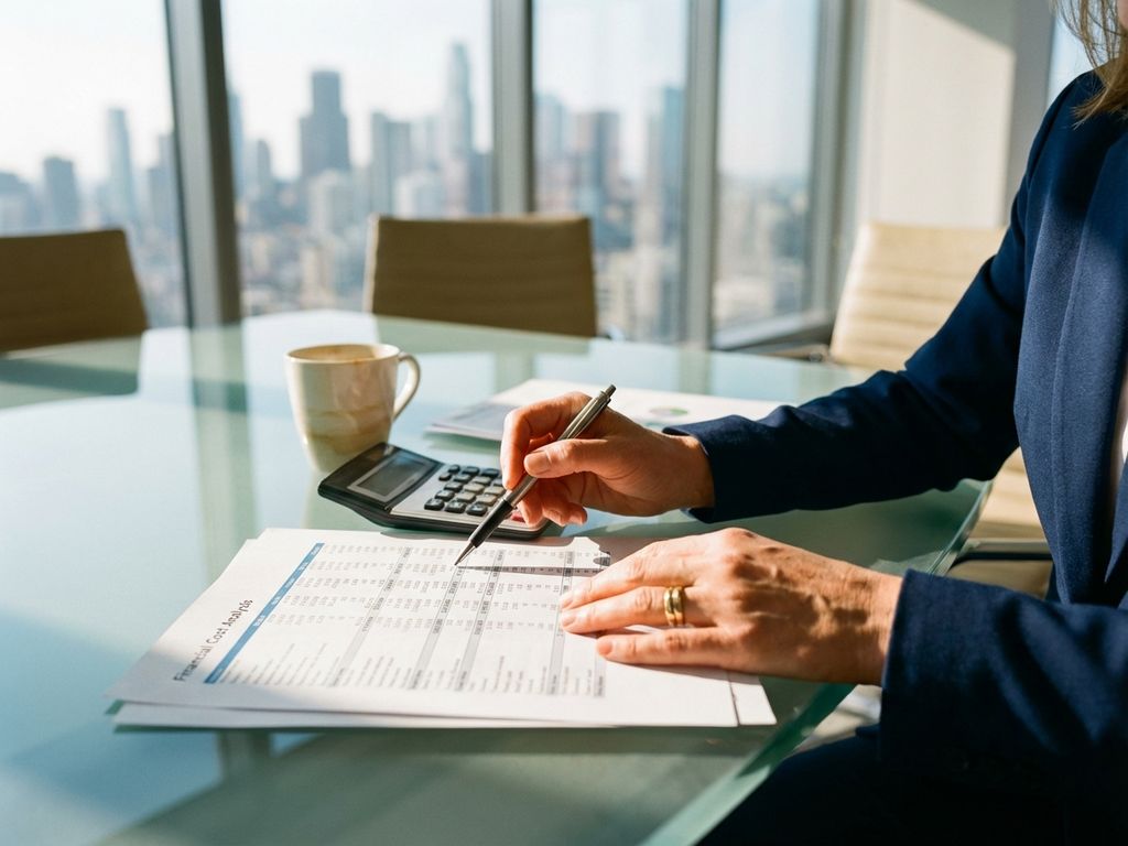 Geschäftsfrau analysiert Finanzunterlagen mit Taschenrechner am Konferenztisch in modernem Büro mit Stadtblick