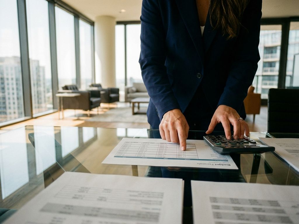 businessfrau-finanzanalyse-buero-beratung.jpg Geschäftsfrau analysiert Finanzunterlagen und Budgetzahlen am Konferenztisch im modernen Büro