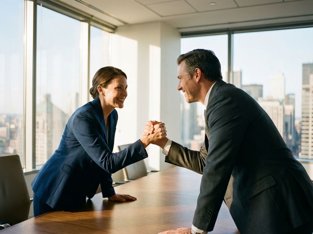 business-handshake-professionelle-zusammenarbeit-buero.jpg Geschäftsfrau und Kollege geben sich die Hand über Konferenztisch in modernem Büro mit Stadtblick