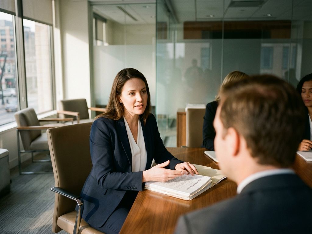 businesswoman-recruiting-policies-conference-meeting.jpg Geschäftsfrau in marineblauem Blazer bespricht Personalpolitik mit Kollegen am Konferenztisch im modernen Büro