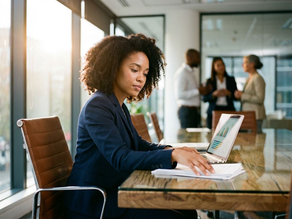 Professionelle Frau im Anzug überprüft Dokumente am Konferenztisch mit Laptop und Kollegen im Hintergrund