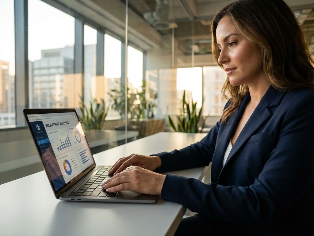 Geschäftsfrau analysiert Recruiting-Daten am Laptop in modernem Büro mit Glaswänden und natürlichem Licht