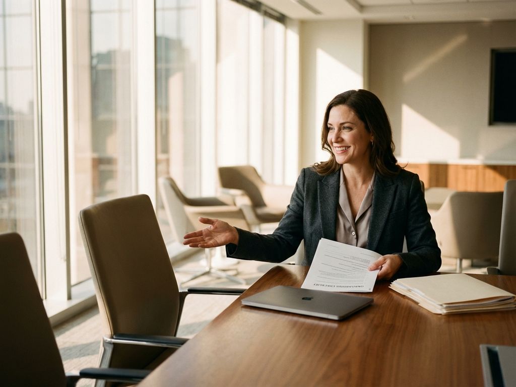 Professionelle Frau in Blazer am Konferenztisch mit Einarbeitungsunterlagen, gestikuliert einladend zu leerem Stuhl