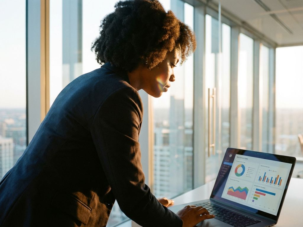 recruiting-analytics-businesswoman-laptop-office.jpg Geschäftsfrau analysiert Recruiting-Daten auf Laptop mit bunten Diagrammen in modernem Büro bei Sonnenuntergang