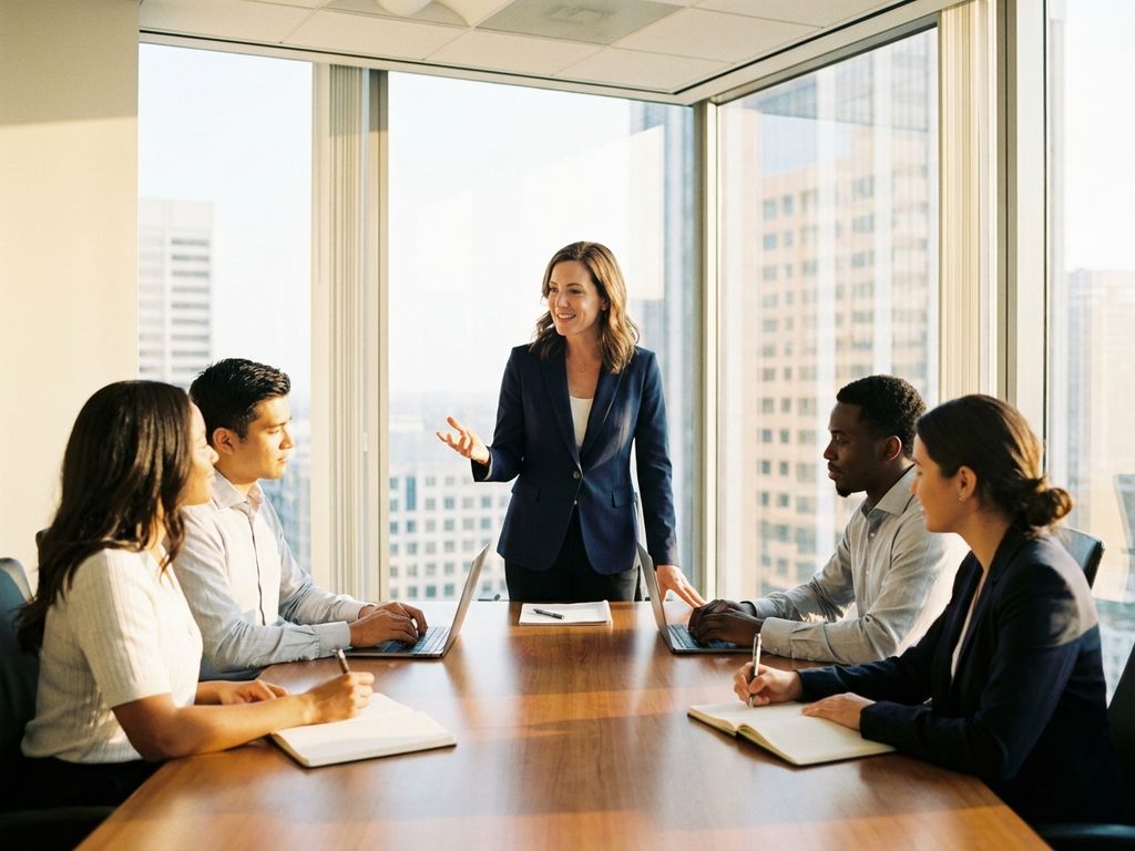 business-frau-team-meeting-konferenzraum.jpg Geschäftsfrau leitet Teambesprechung am Konferenztisch mit diversen Kollegen in hellem Büro