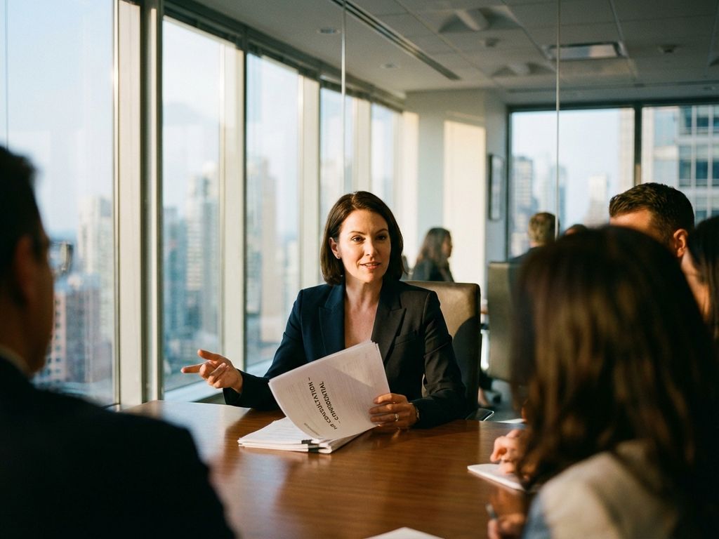Professionelle Geschäftsfrau im Blazer bei HR-Beratung am Konferenztisch in modernem Büro mit Stadtblick
