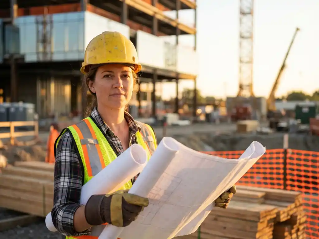 Selbstbewusste Bauarbeiterin in gelbem Schutzhelm und Sicherheitsweste studiert Baupläne auf moderner Baustelle