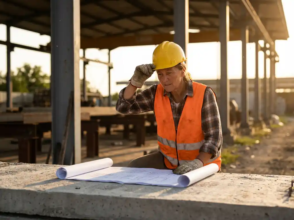 bauarbeiterin-schutzhelm-baustelle-sicherheit-plaene.jpg Selbstbewusste Bauarbeiterin mit gelbem Schutzhelm prüft Baupläne auf Betonoberfläche, orange Warnweste vor Stahlträgern