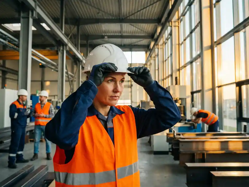 Selbstbewusste Bauarbeiterin in Sicherheitsweste justiert Schutzhelm in moderner Industrieanlage mit Sonnenlicht