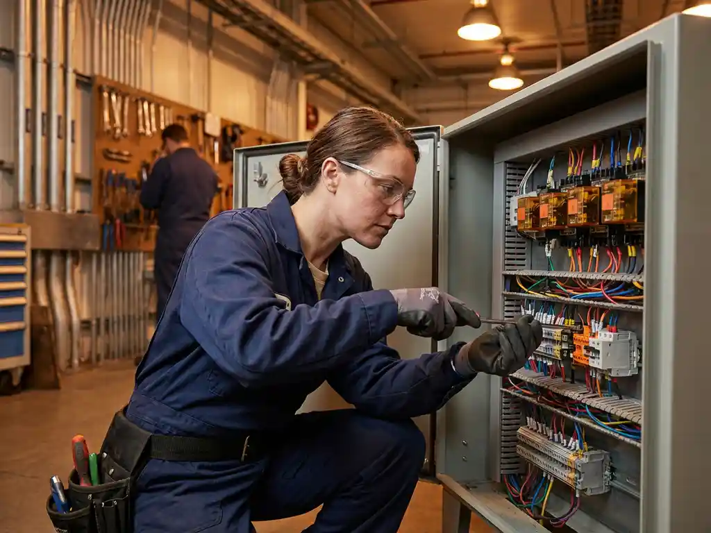 Elektrikerin in marineblauer Arbeitskleidung verbindet präzise Drähte in moderner Industrieschaltanlage mit Spezialwerkzeugen