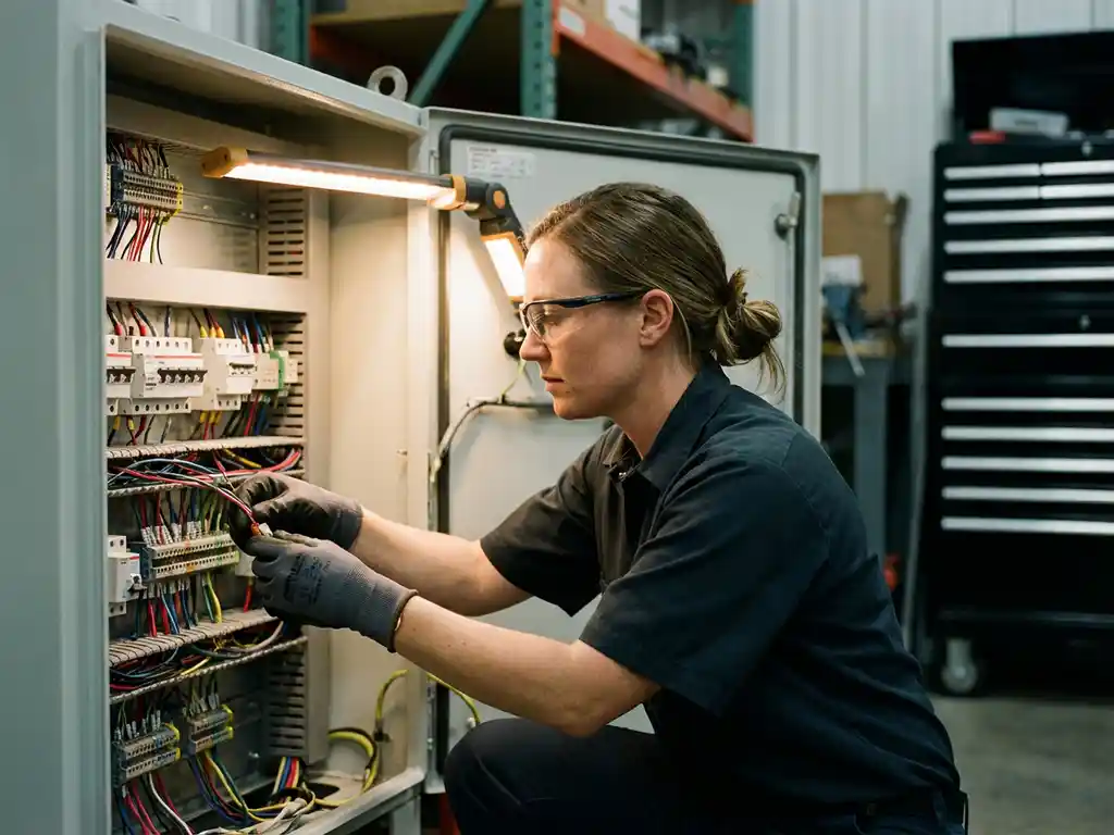 elektrikerin-industrielle-steuerung-fachkraft-werkstatt.jpg Elektrikerin mit Schutzbrille arbeitet konzentriert an bunten Kabeln in moderner Industrieschaltanlage