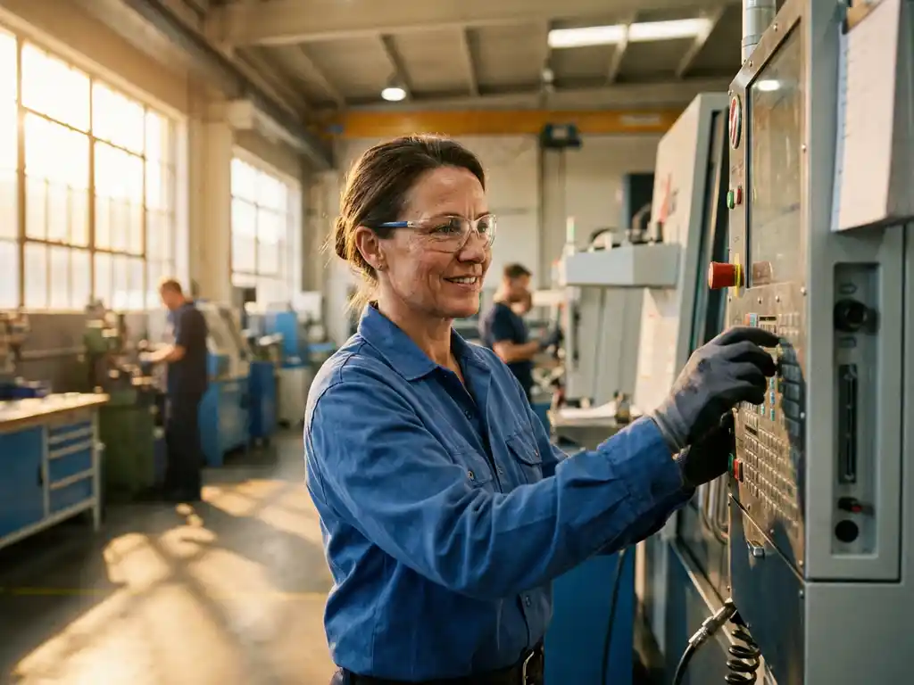 Selbstbewusste Arbeiterin bedient moderne Industriemaschine in heller Produktionshalle mit natürlichem Sonnenlicht
