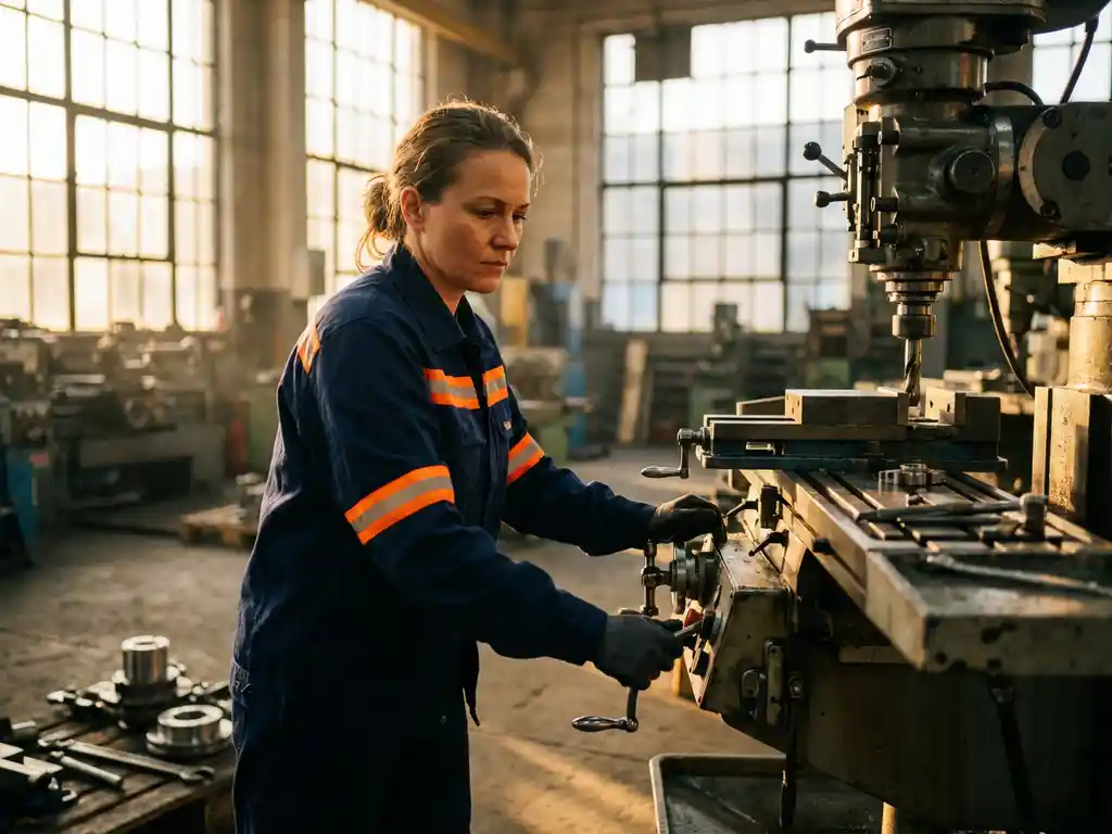 Selbstbewusste Frau in Sicherheitsweste bedient Präzisionsmaschine in Industriewerkstatt bei warmem Sonnenlicht