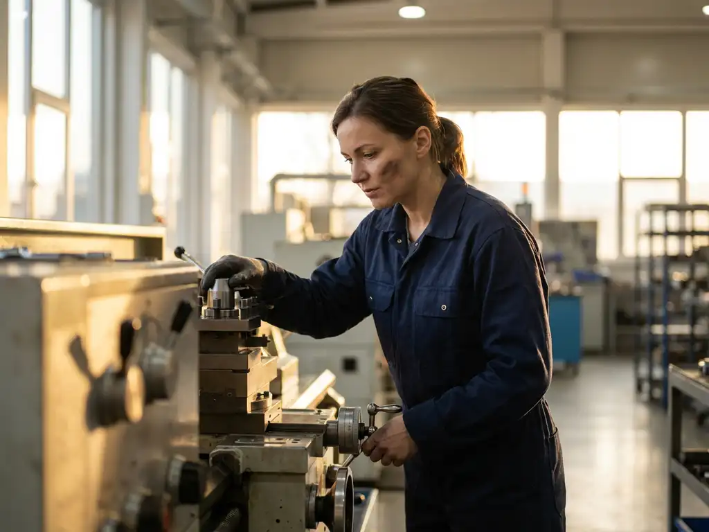 Selbstbewusste Frau in marineblauem Overall kalibriert Präzisionsmaschinen in moderner Produktionshalle bei warmem Licht