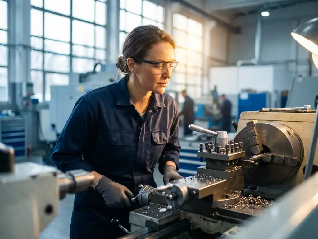 Selbstbewusste Frau in Arbeitskleidung bedient Präzisionsmaschine in moderner Fertigungshalle mit warmem Sonnenlicht