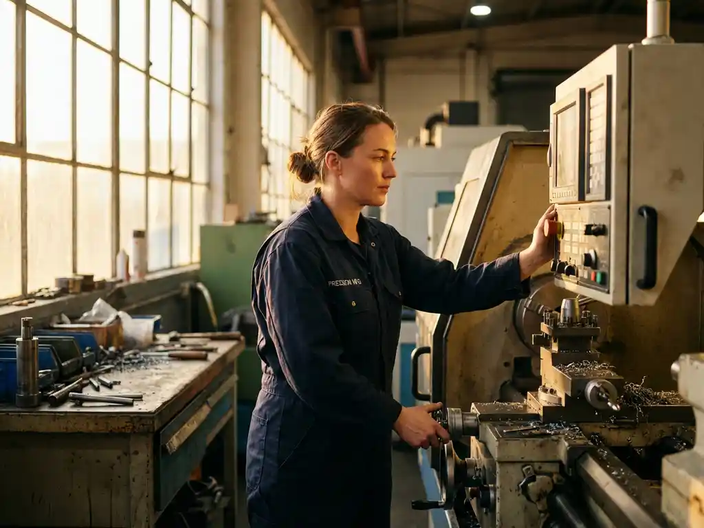 frau-praezisionsmaschine-fertigung-industrie-arbeitsplatz.jpg Selbstbewusste Frau in Arbeitsoverall bedient Präzisionsmaschine in moderner Fertigungshalle mit Metallspänen auf Werkbank