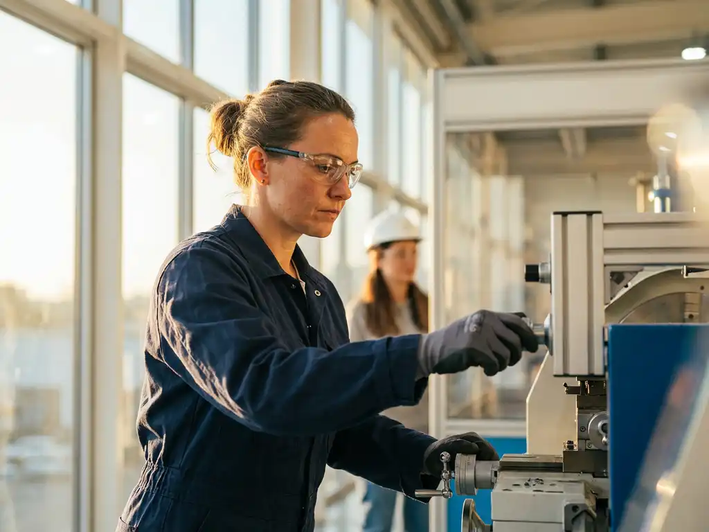 Selbstbewusste Frau in Arbeitsoverall justiert Präzisionsmaschine in moderner, heller Fabrikhalle