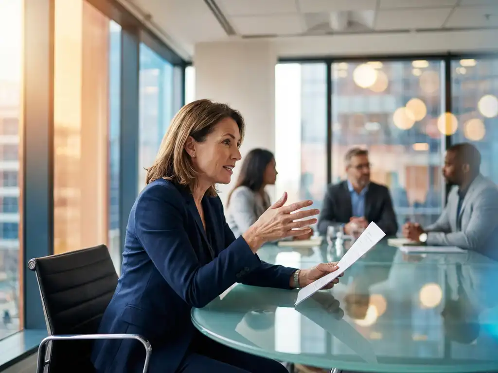 fuehrungskraft-frau-strategie-meeting-buero.jpg Selbstbewusste Geschäftsfrau im marineblauen Blazer führt Strategiebesprechung am Glastisch in modernem Büro