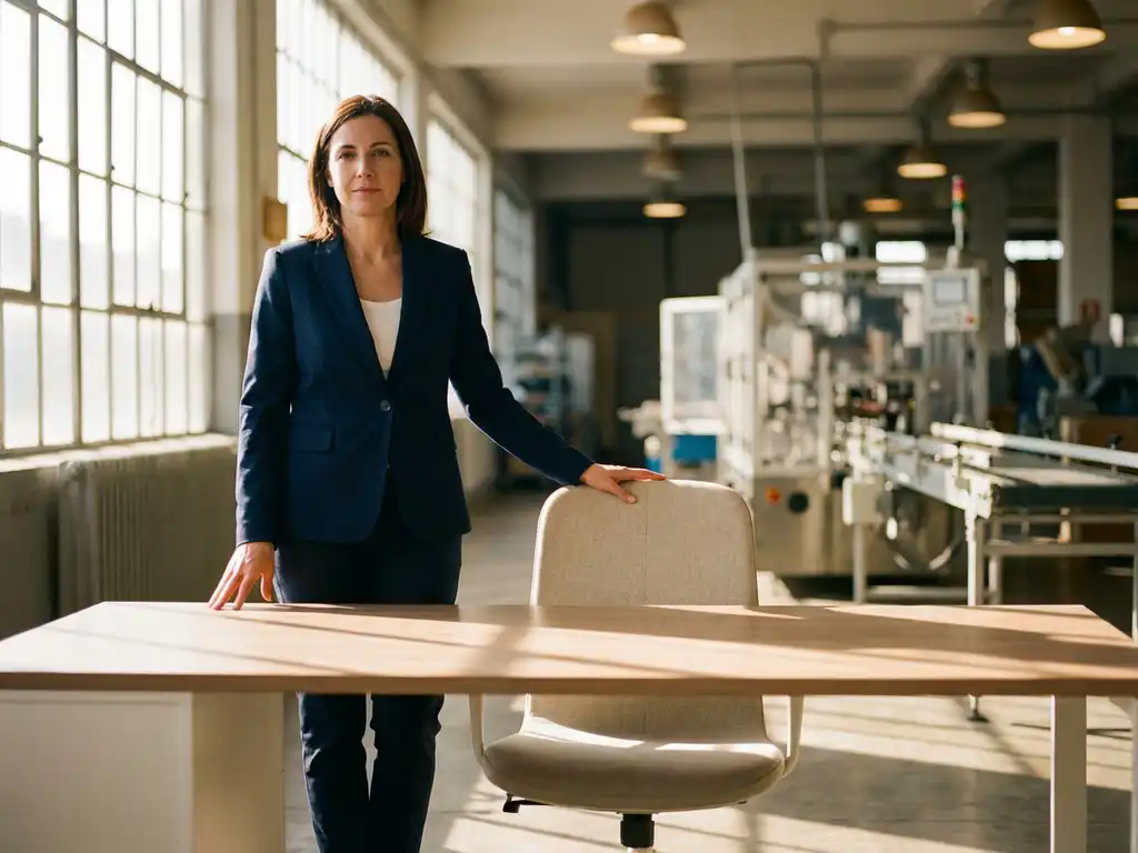 frau-fuehrung-arbeitsplatz-industrie-karriere.jpg Professionelle Frau in marineblauem Blazer steht nachdenklich an leerem Arbeitsplatz in moderner Produktionshalle