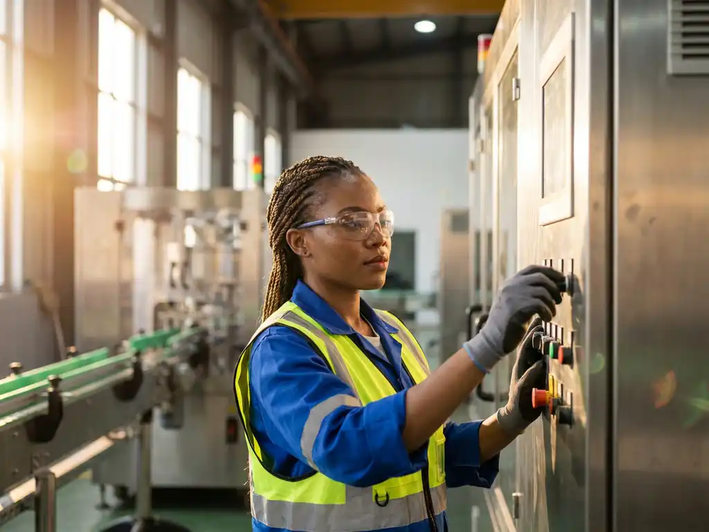 Selbstbewusste Industriearbeiterin justiert Sicherheitsausrüstung an Maschinensteuerung in moderner Produktionshalle