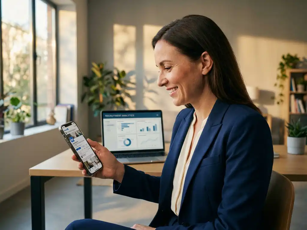 Geschäftsfrau in marineblauen Anzug nutzt LinkedIn auf Smartphone am modernen Büroschreibtisch mit Laptop im Hintergrund