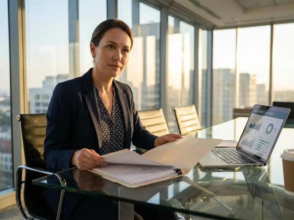 Professionelle Frau in marineblauem Blazer prüft Bewerbungsunterlagen am Glastisch mit Laptop und Recruiting-Analytics