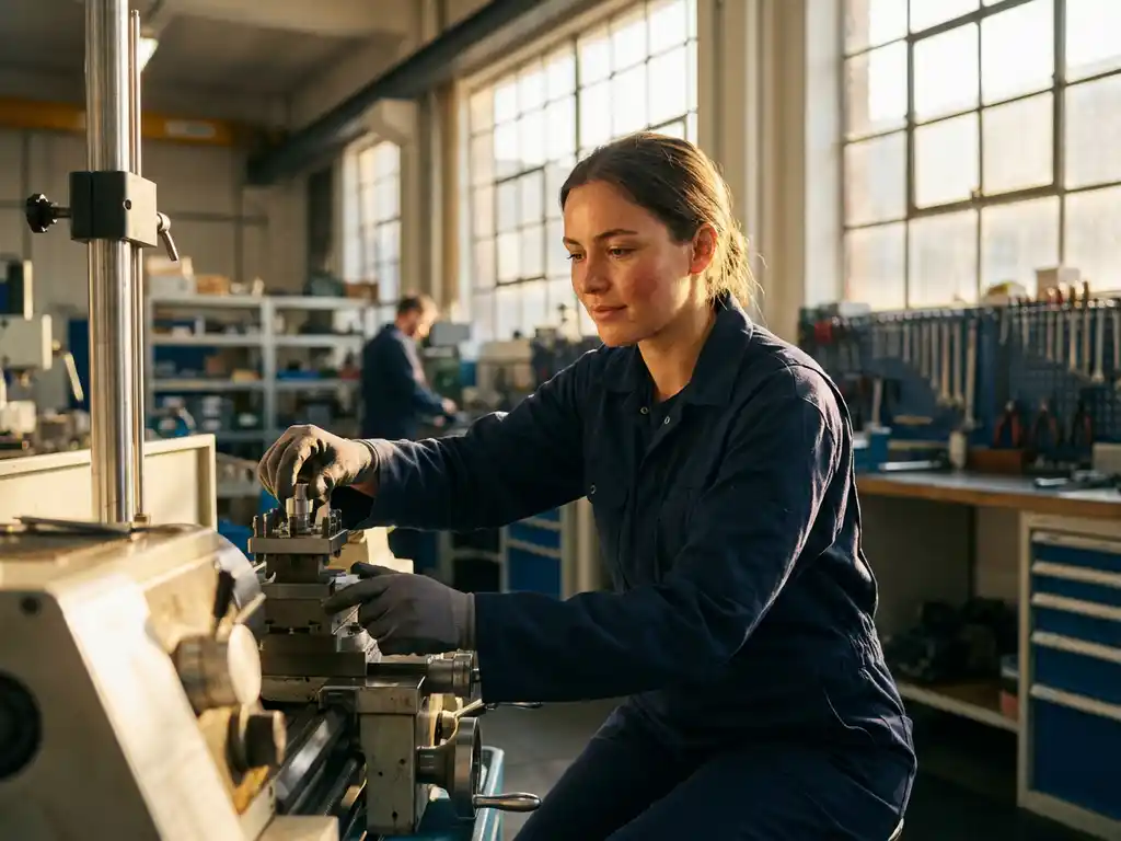 Junge Frau in Arbeitsoverall justiert Präzisionsmaschine in moderner Werkstatt mit natürlichem Licht
