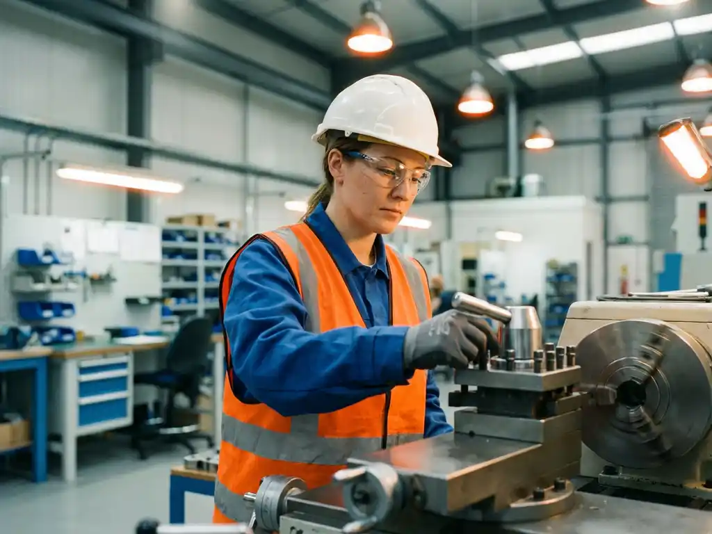 Produktionsmitarbeiterin in Schutzausrüstung justiert Präzisionsmaschine in moderner Fertigungsanlage