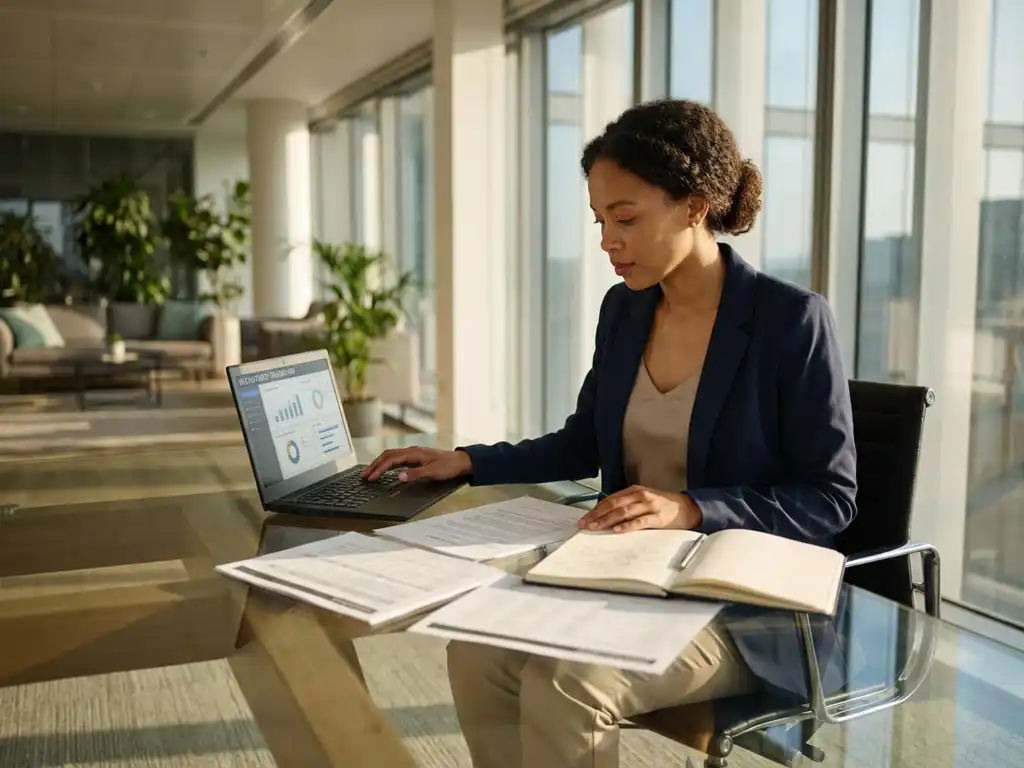 Professionelle Frau im marineblauen Blazer prüft Bewerbungsunterlagen an modernem Glasschreibtisch mit Laptop und Rekrutierungsanalysen