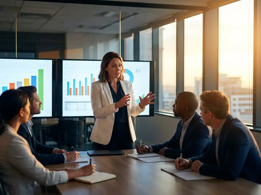 geschaeftsfrau-praesentation-konferenzraum-meeting-buero.jpg Geschäftsfrau in weißem Blazer präsentiert Datendiagramme vor Kollegen am Konferenztisch in modernem Büro