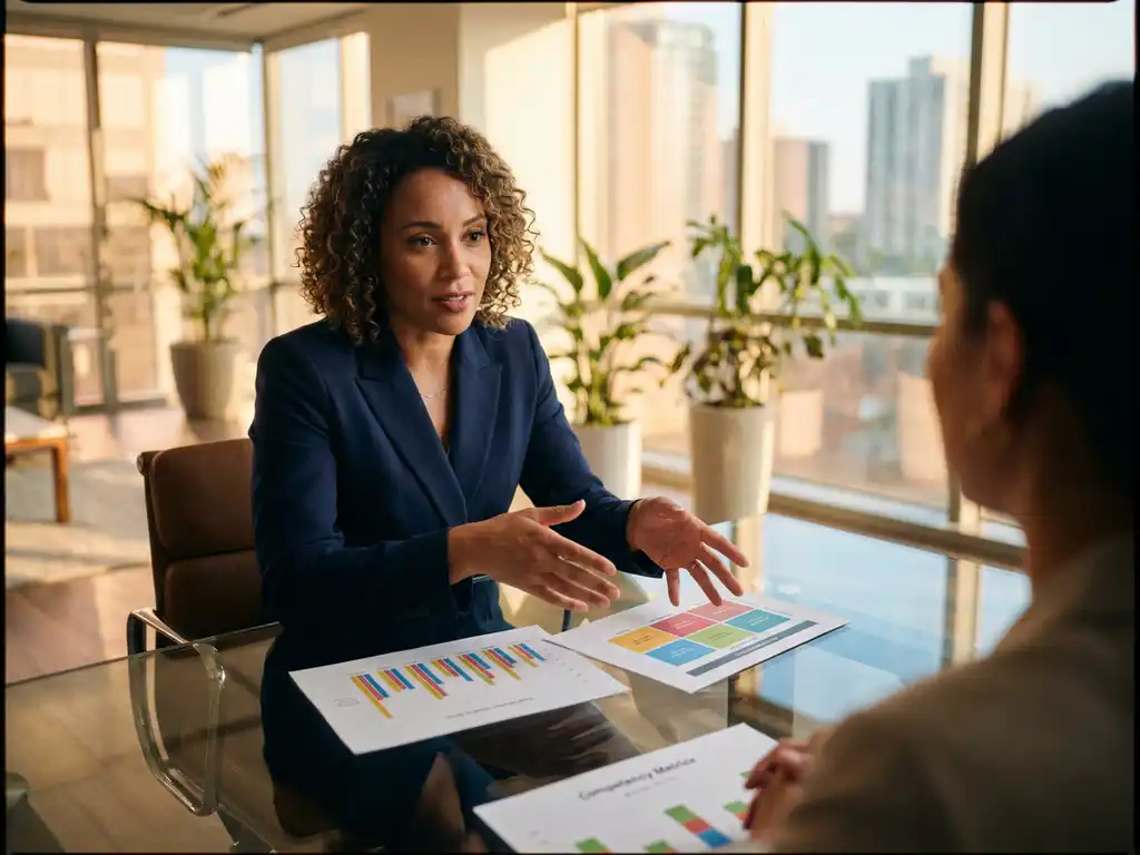 Professionelle Frau in marineblauem Blazer analysiert Kompetenzdiagramme und Bewertungsformulare am Glastisch im modernen Büro