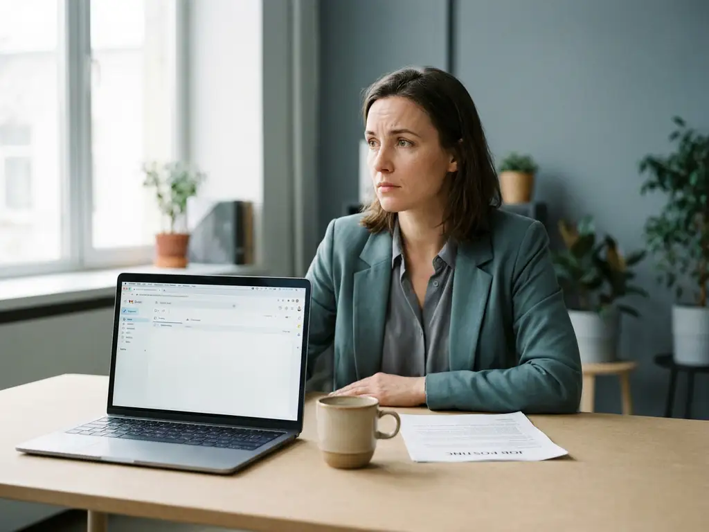 Nachdenkliche Frau am modernen Schreibtisch mit offenem Laptop und fast leerem Posteingang, Stellenanzeige neben Kaffeetasse, warmes Bürolicht.