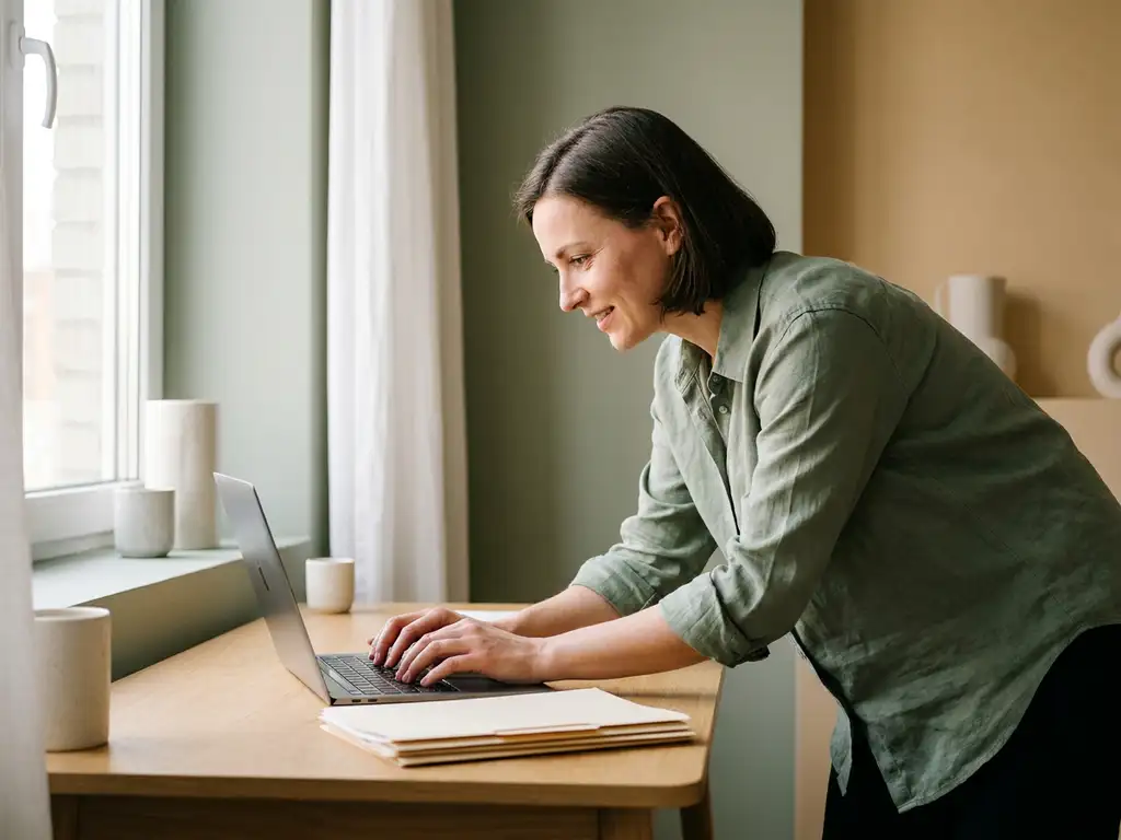 Selbstbewusste Frau am modernen Schreibtisch tippt auf schlankem Laptop, Bewerbermappen daneben, warmes Seitenlicht.