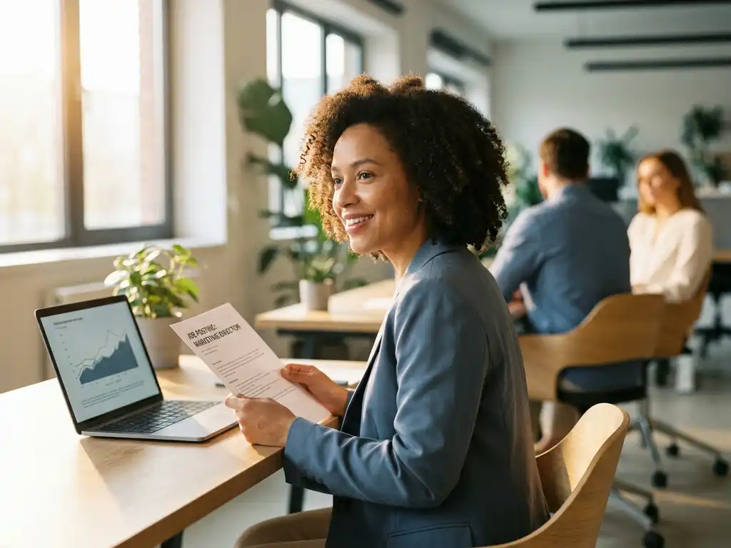 Berufstätige Frau prüft Stellenanzeige am modernen Schreibtisch mit Laptop, warmes Fensterlicht, zeitgemäßes Büroambiente.