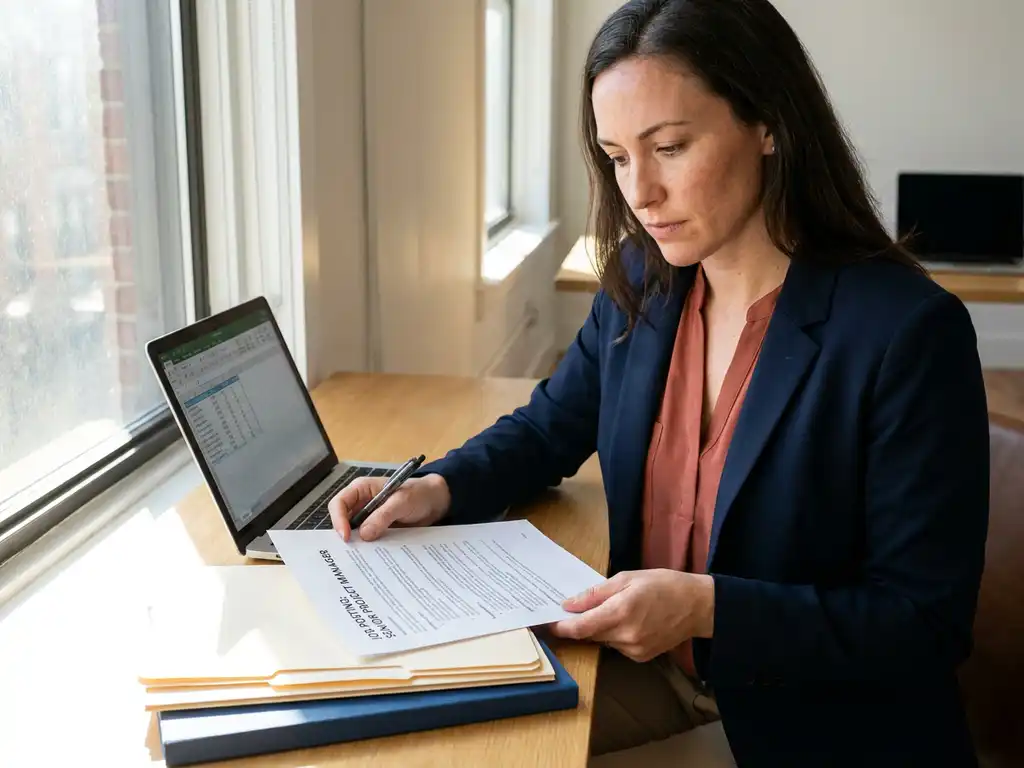 Frau am modernen Schreibtisch prüft Stellenanzeige mit Stift, Laptop und Ordnern im Hintergrund, warmes Tageslicht.